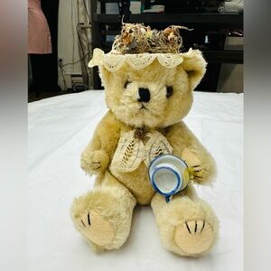 Charming Tan Teddy Bear with Hat and Teacup